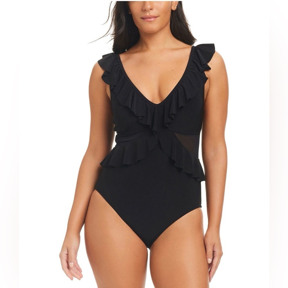 Beyond Control Women's Ruffled One-Piece Swim Black Size 14